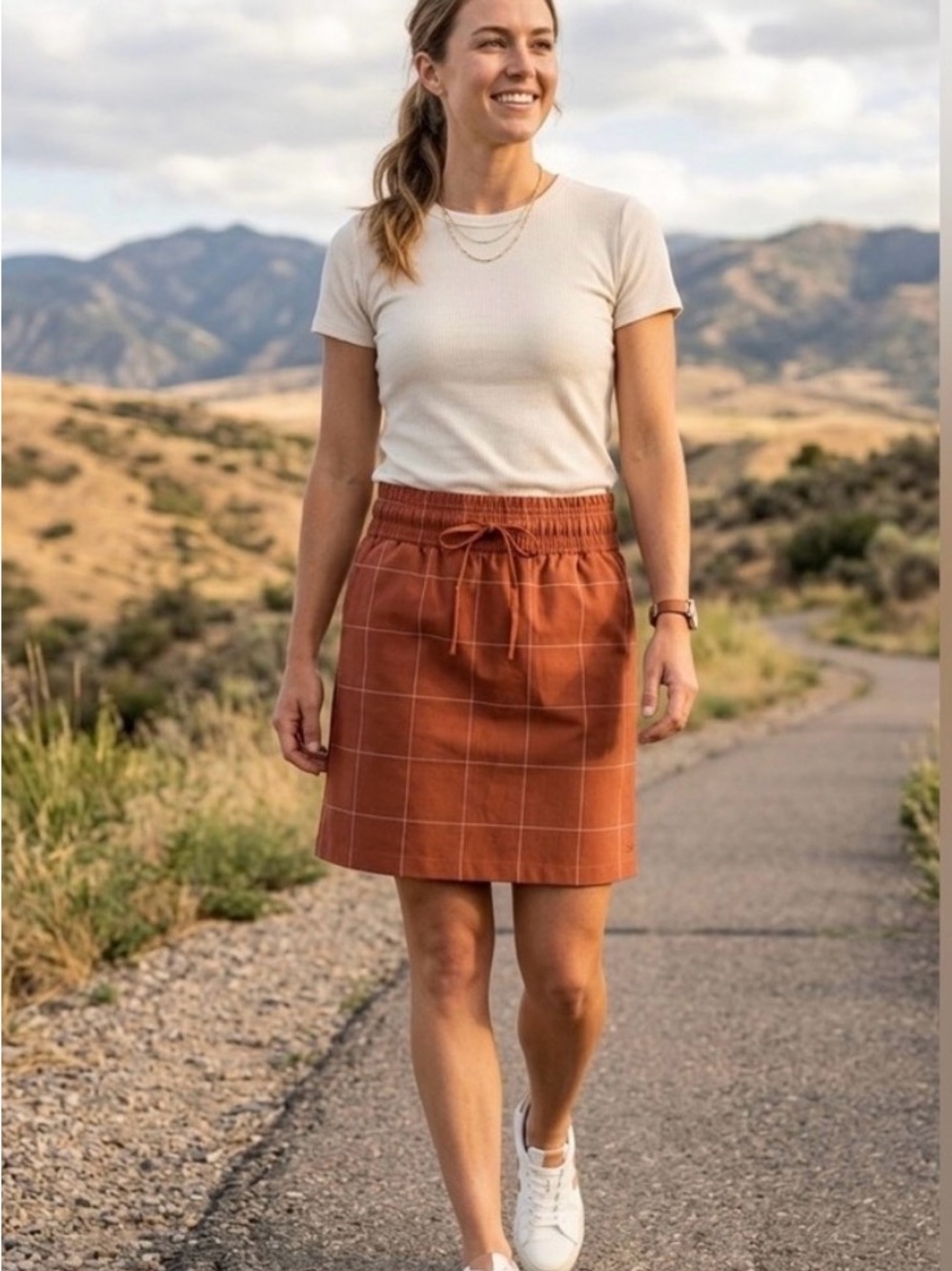 Albion Rust Windowpane Drawstring Mini Skirt